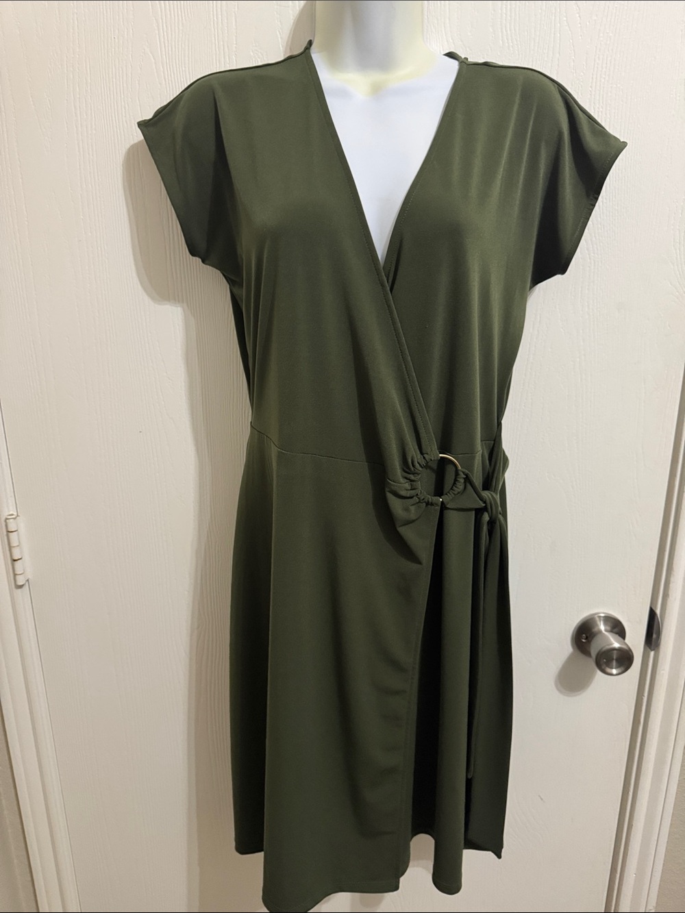 Michael Kors Dress Faux Wrap Army Green Short Sleeve V Neck Women's Medium